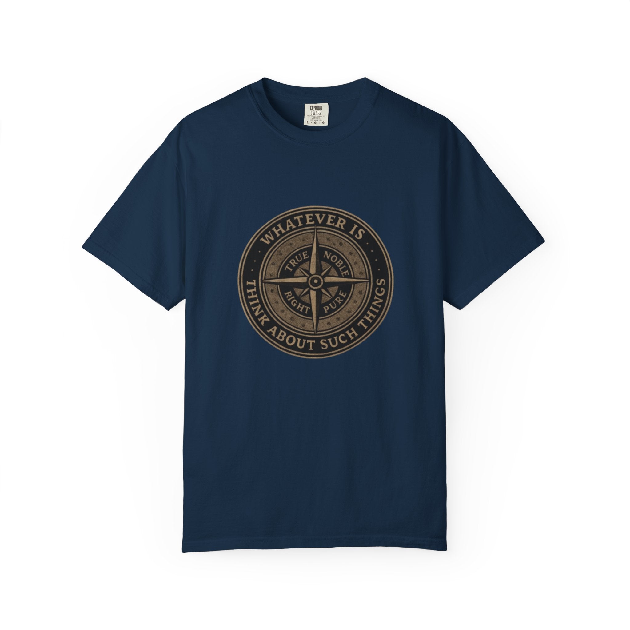 Navy blue t-shirt with a brown compass design and text on a white background