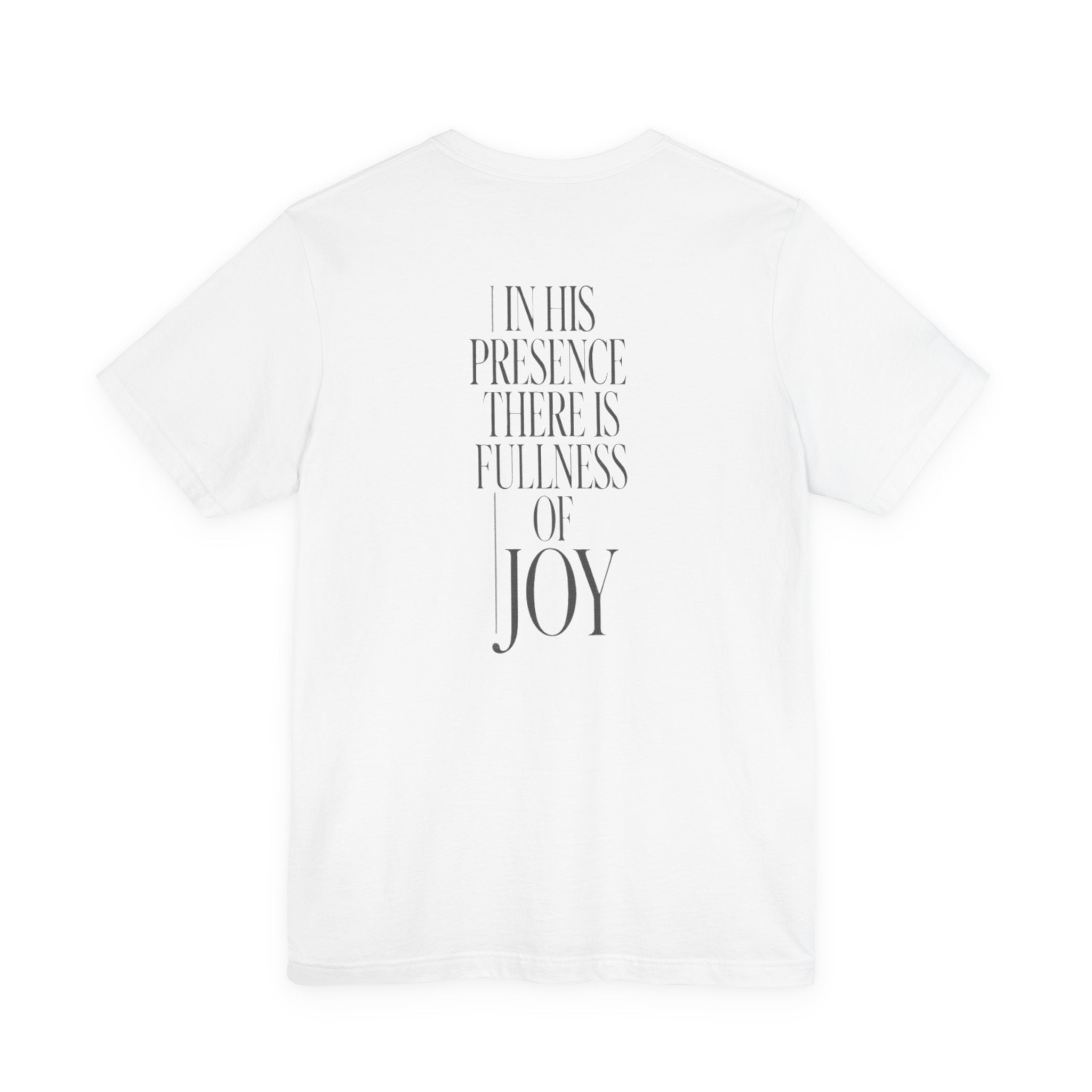 White t-shirt with black text on a white background