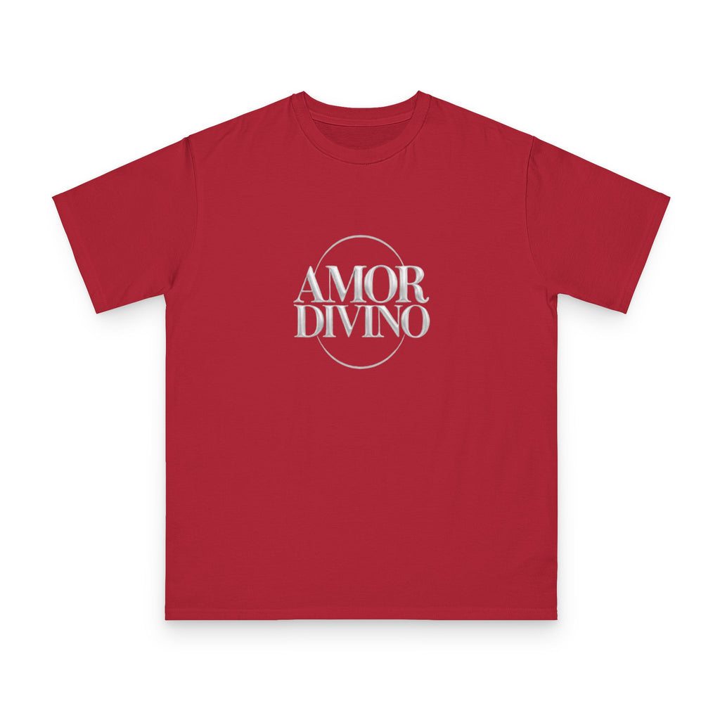 Red t-shirt with 'AMOR DIVINO' text on a white background