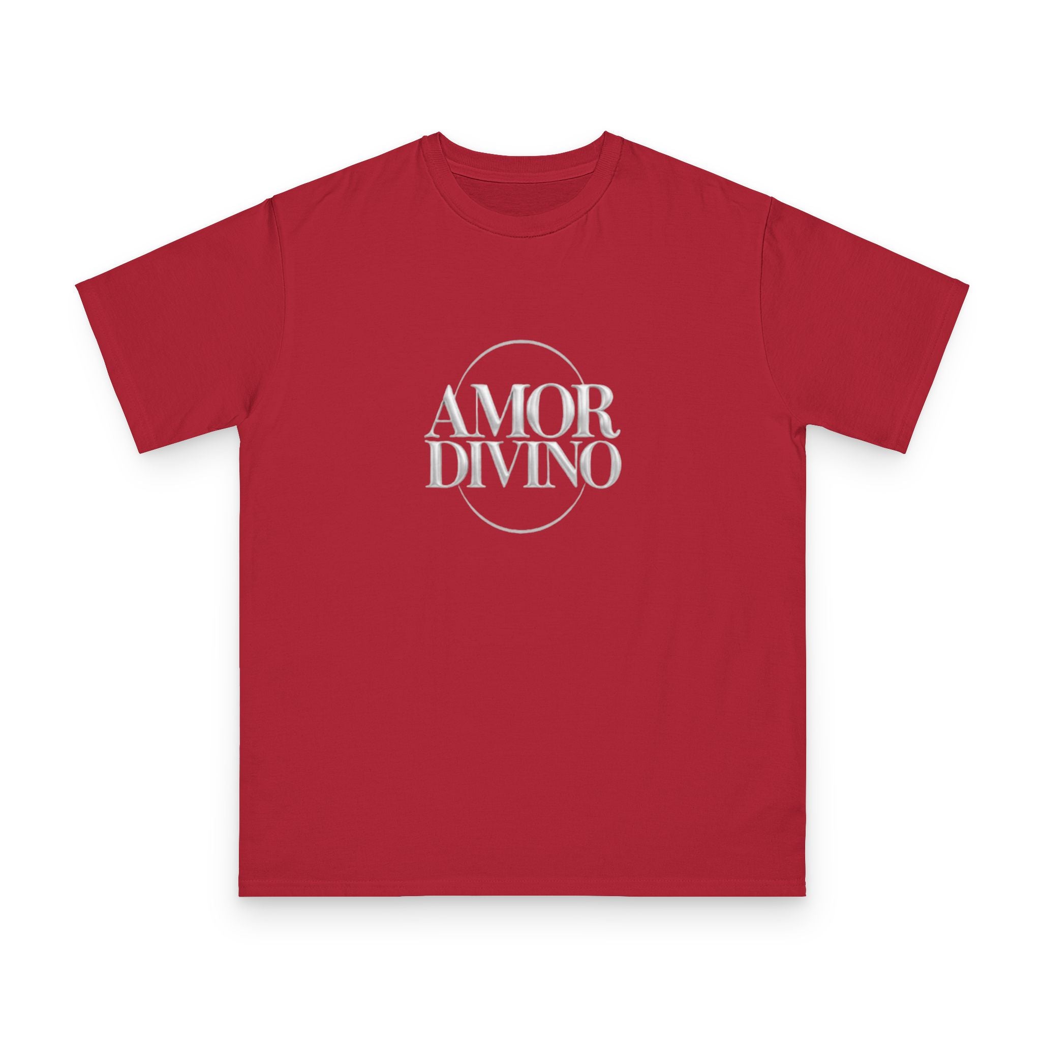 Red t-shirt with 'AMOR DIVINO' text on a white background