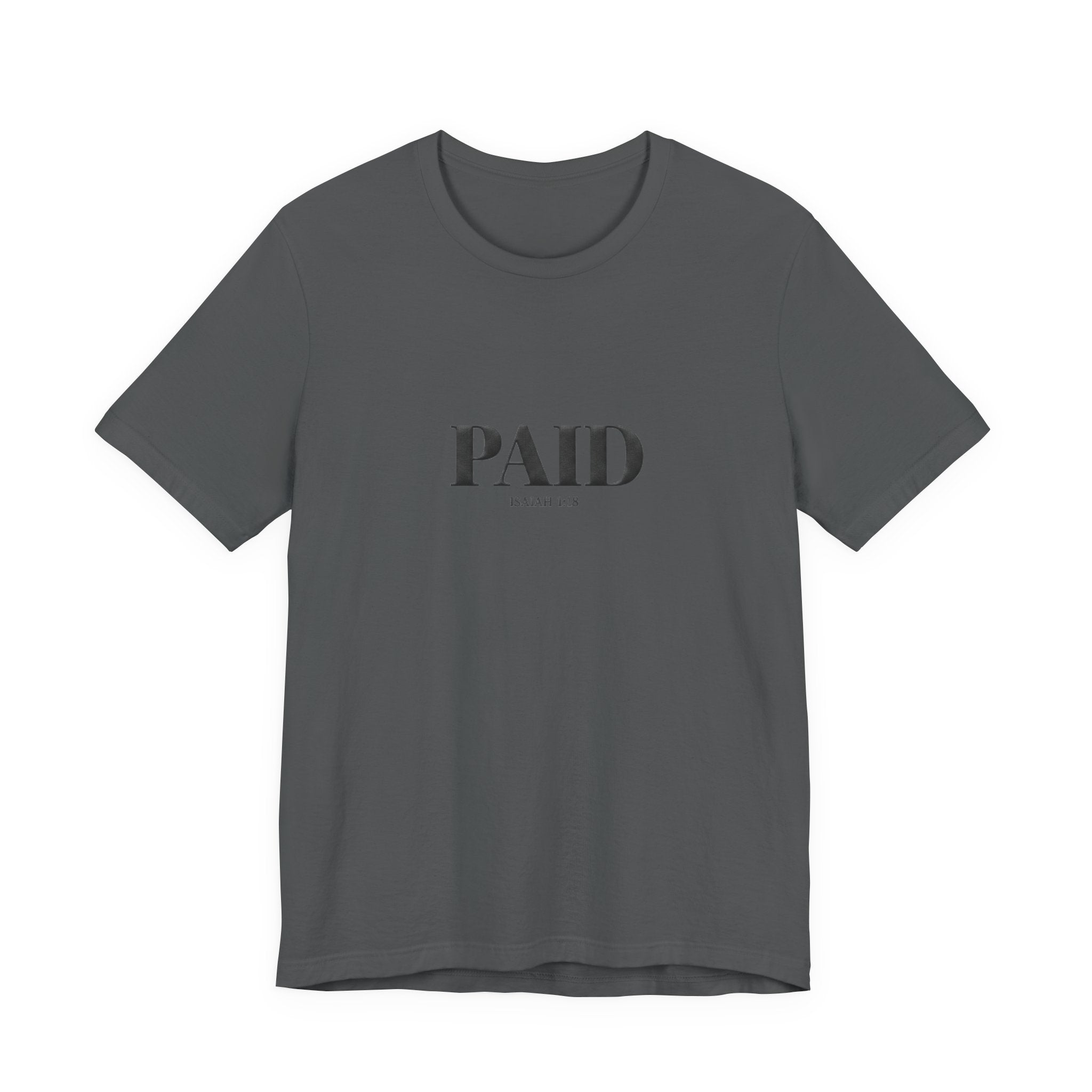 Gray t-shirt with 'PAID' text on a white background