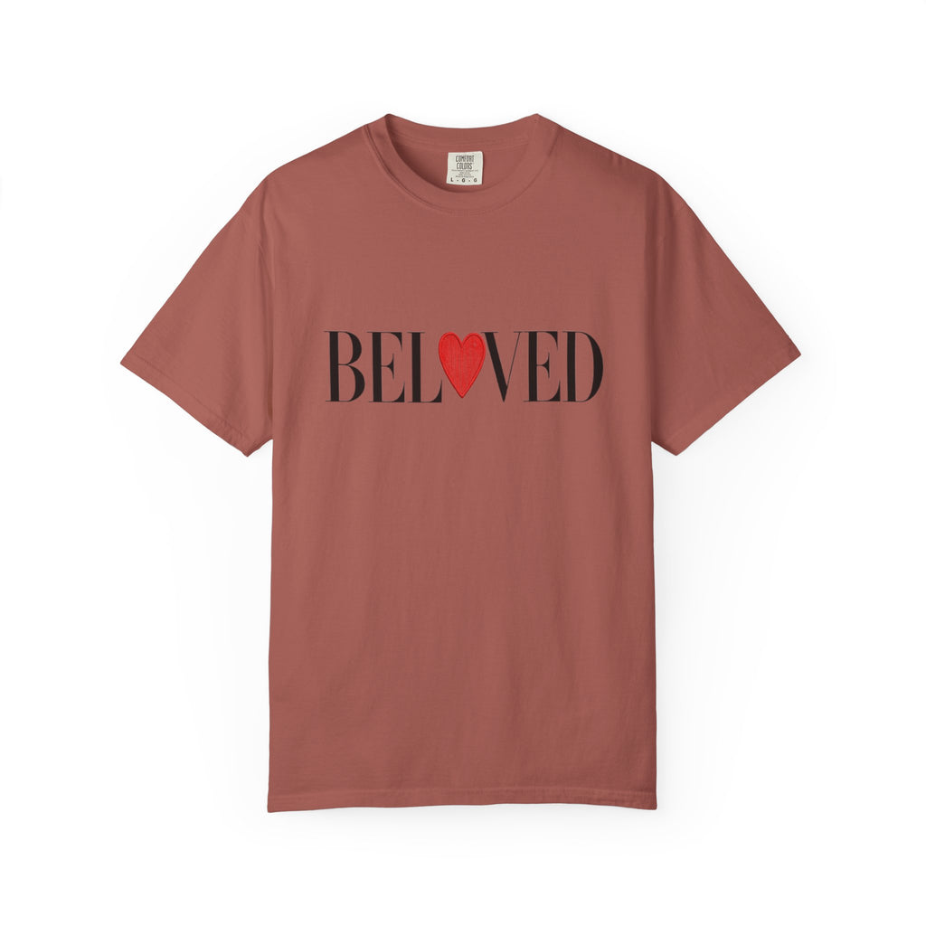 Mauve t-shirt with 'BELoved' text and heart graphic on a white background