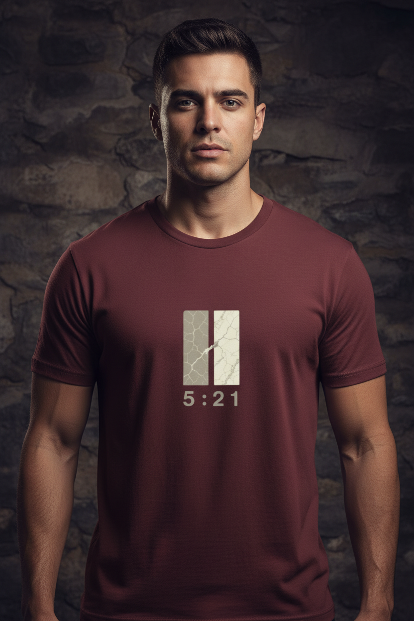Male model wearing The Great Exchange 2 Corinthians 5:21 Tee in Maroon — editorial style front view, gospel design, Christian tee by 4HG