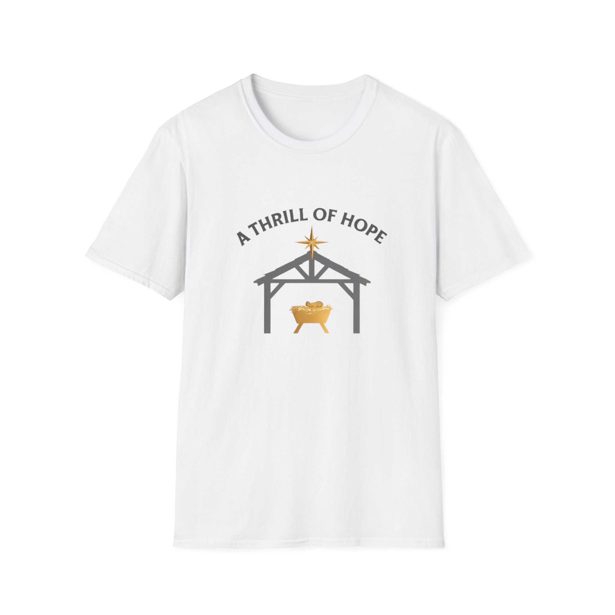 White t-shirt with nativity scene graphic and 'A Thrill of Hope' text on a white background
