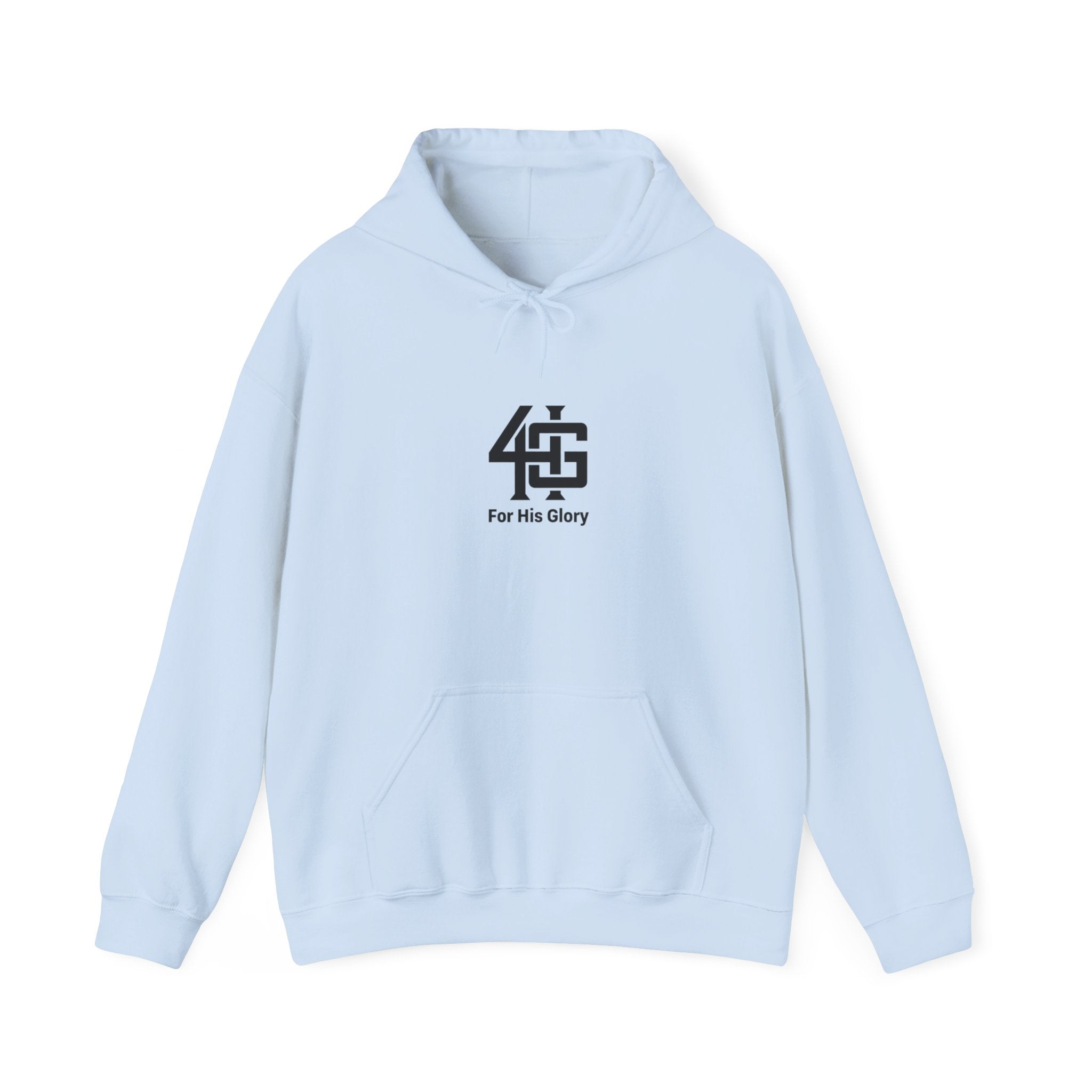 Light blue hoodie with a black logo and text on a white background