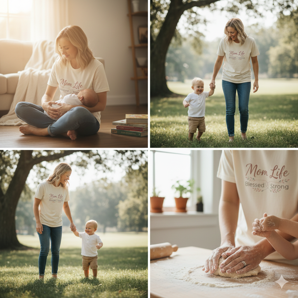 Collage of a woman and child in various settings wearing 'Mom Life' t-shirts.