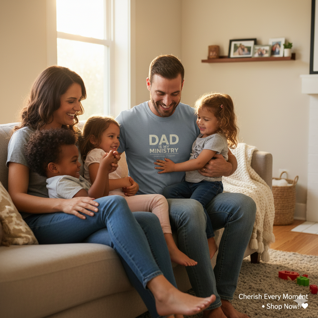 Family of four sitting on a couch in a living room, with a man wearing a 'Dad is Ministry' shirt.