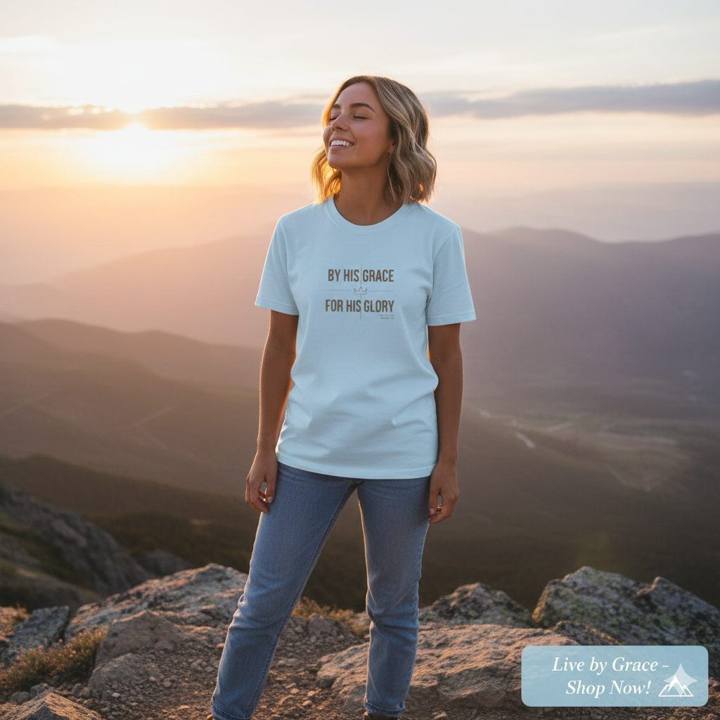 Woman wearing a t-shirt with text standing on a mountain at sunset