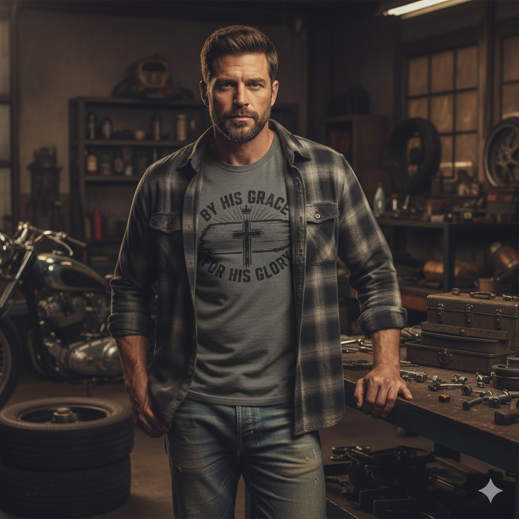 Man standing in a workshop wearing a plaid shirt over a graphic t-shirt.