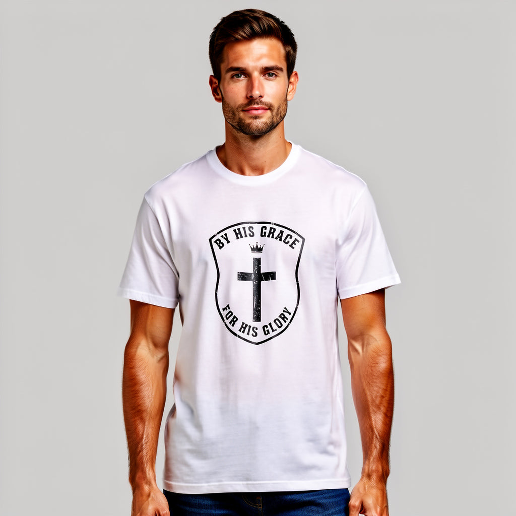 Man wearing a white t-shirt with a black cross design and text on a gray background