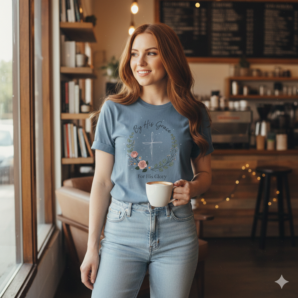 Woman holding a cup in a coffee shop wearing a t-shirt with a design.