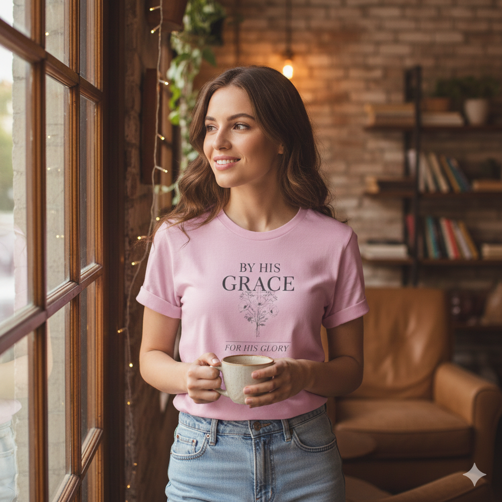 Woman wearing a pink t-shirt with text, holding a mug, standing by a window.