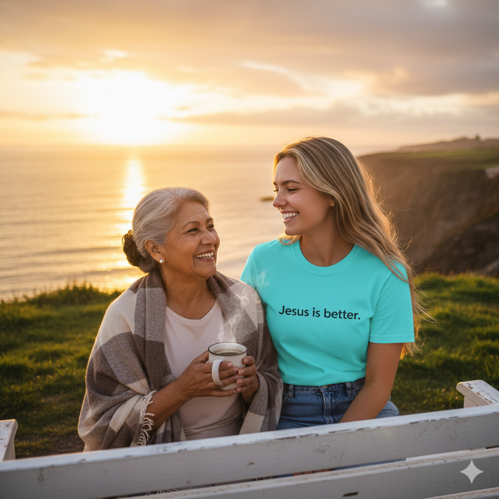 Two people sitting together with a scenic background, one wearing a shirt with 'Jesus is better.' text.