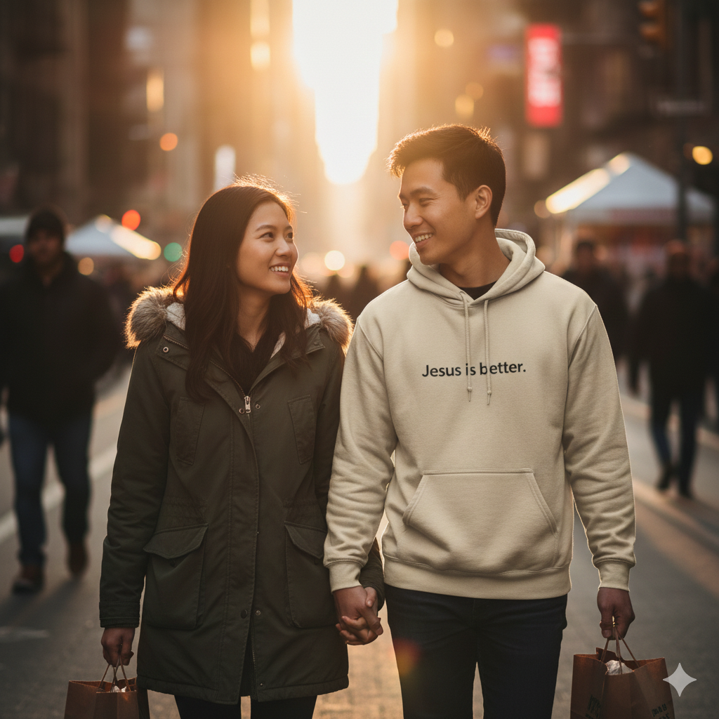 Two people walking together on a street, one wearing a hoodie with 'Jesus is better.' text.