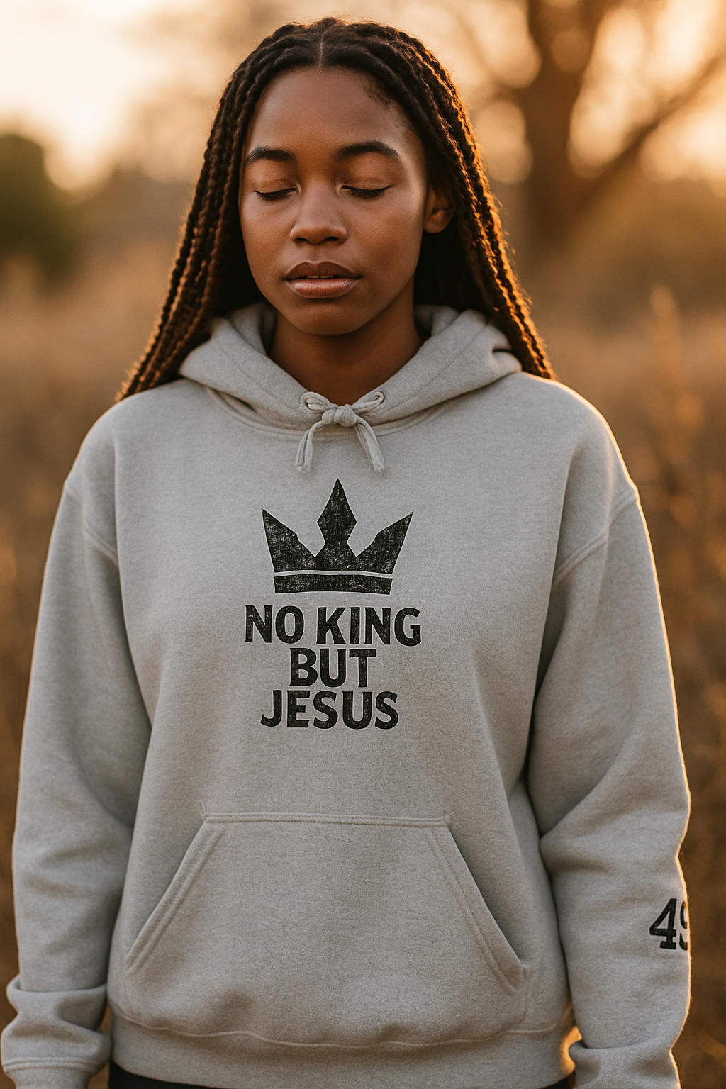 Person wearing a hoodie with 'No King But Jesus' text in a natural setting