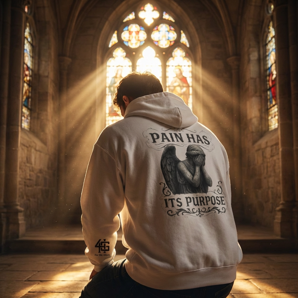 Person wearing a hoodie with an angel design and text in a cathedral setting
