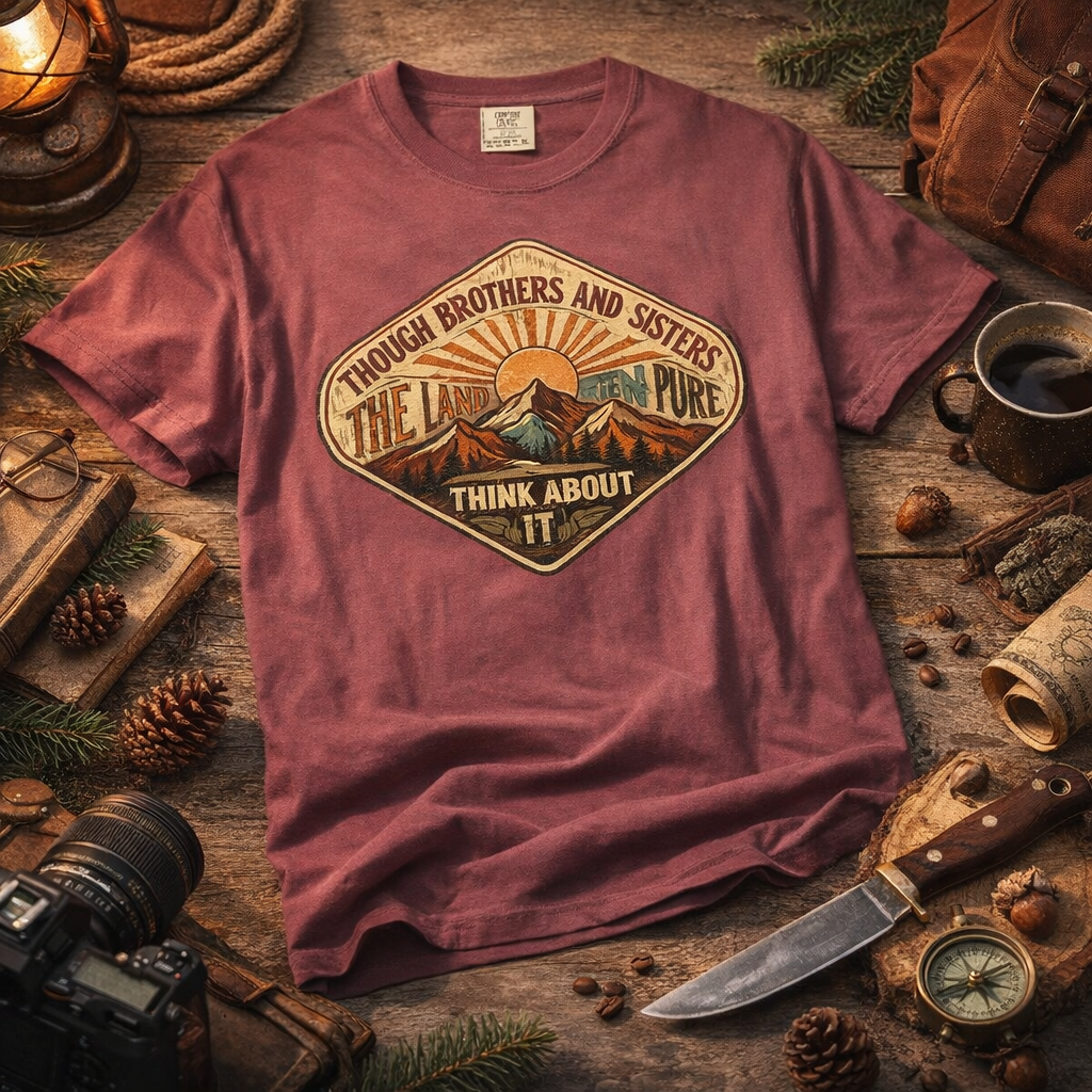 Maroon t-shirt with nature-themed graphic on a rustic wooden surface with outdoor items.