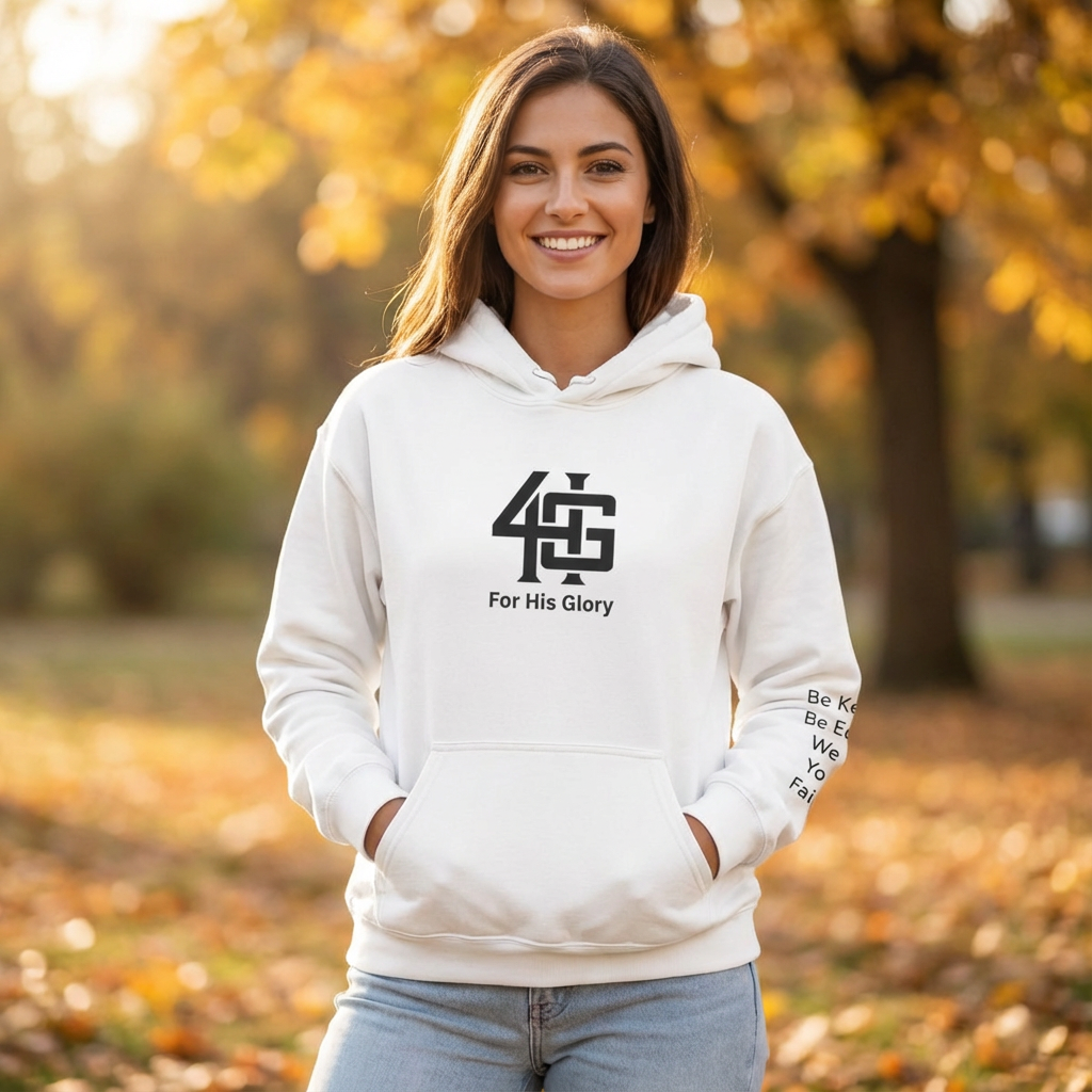 Woman wearing a white hoodie with '4G For His Glory' logo in an autumn park.
