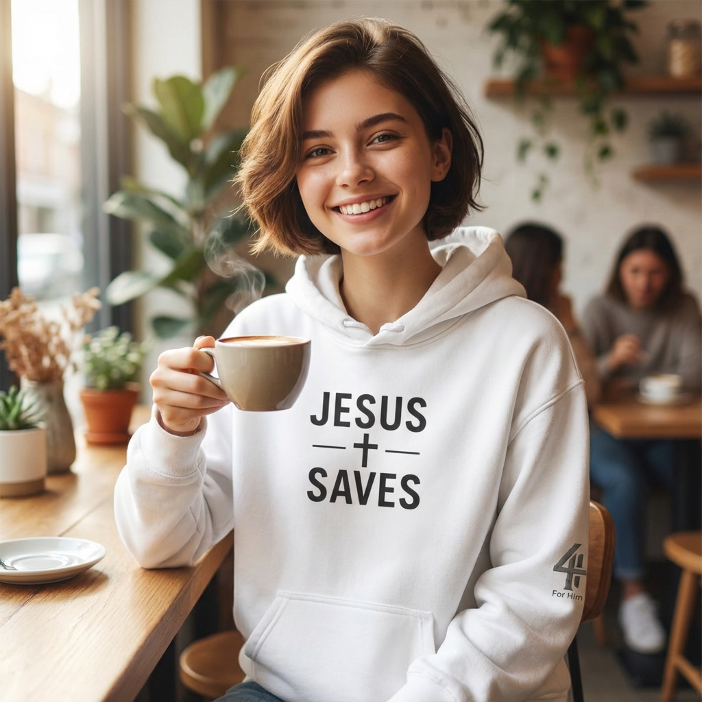 Person wearing a white hoodie with 'Jesus Saves' text, holding a cup in a casual setting.