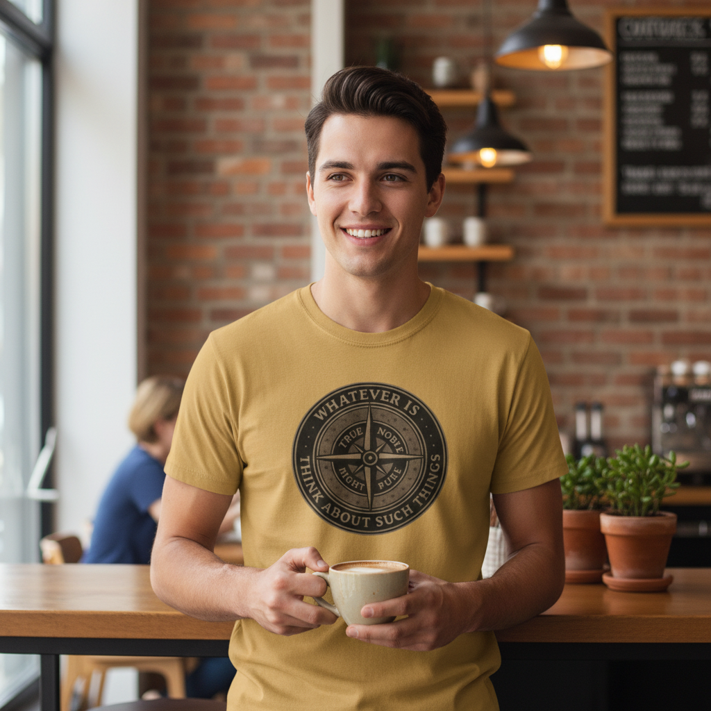 Man in a yellow t-shirt holding a coffee cup in a cafe.