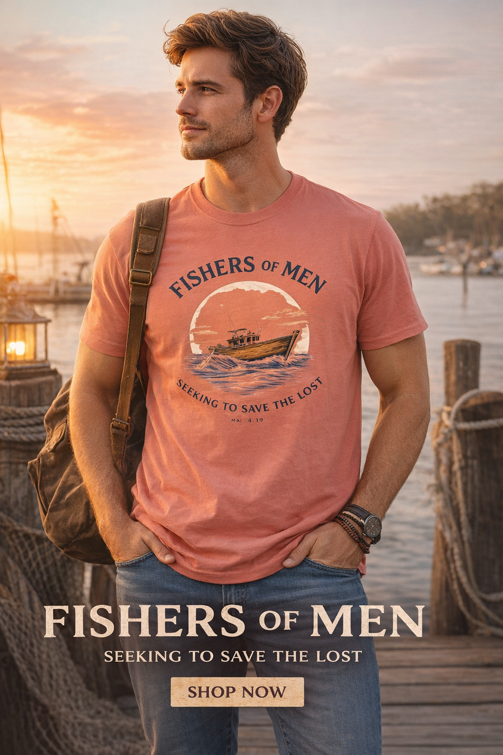 Man wearing a 'Fishers of Men' t-shirt on a dock with a sunset background