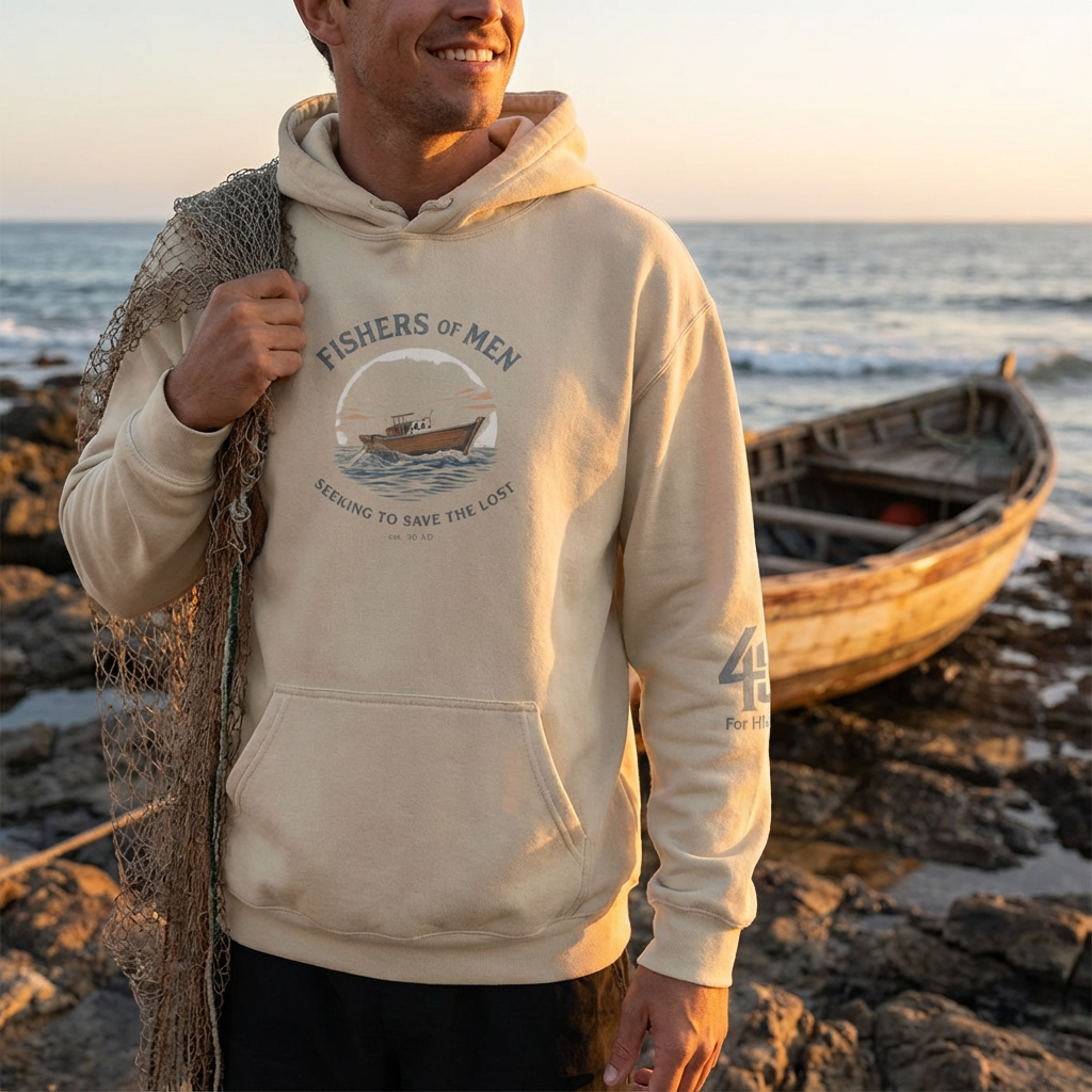 Person wearing a 'Fishers of Men' hoodie on a beach with a boat and ocean in the background