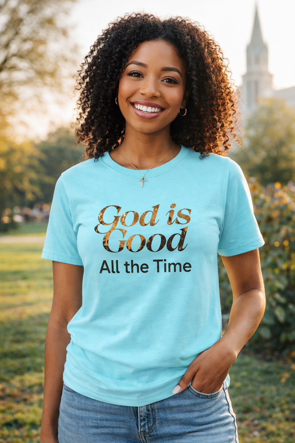 Woman wearing a light blue t-shirt with 'God is Good All the Time' text outdoors.
