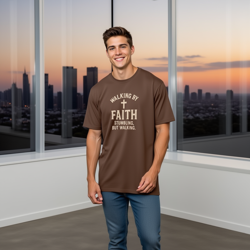 Walking by Faith Christian T-Shirt — "Walking by Faith, Stumbling but Walking" Inspirational Tee