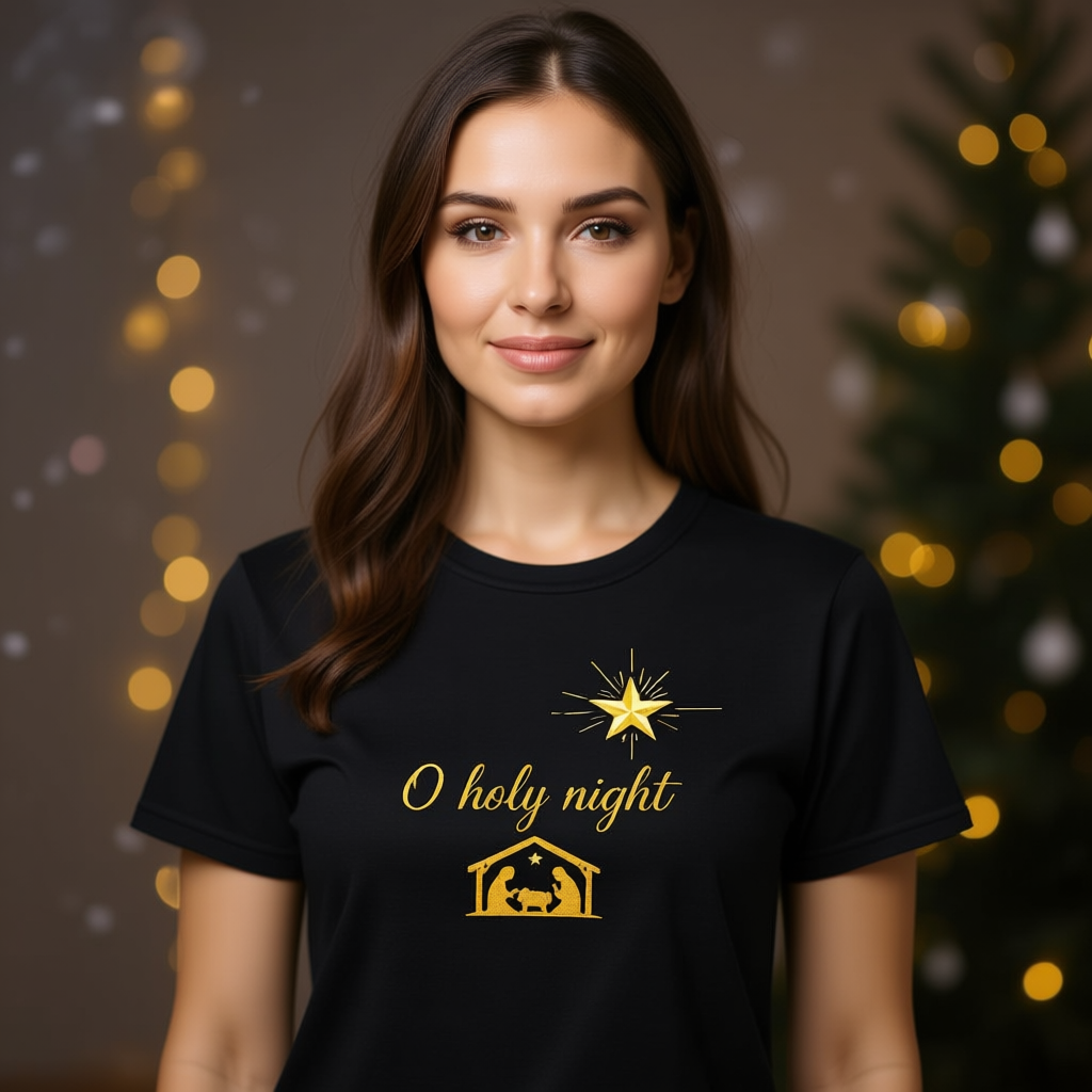 Woman wearing a black t-shirt with 'O holy night' and nativity design in gold, Christmas tree and lights in the background