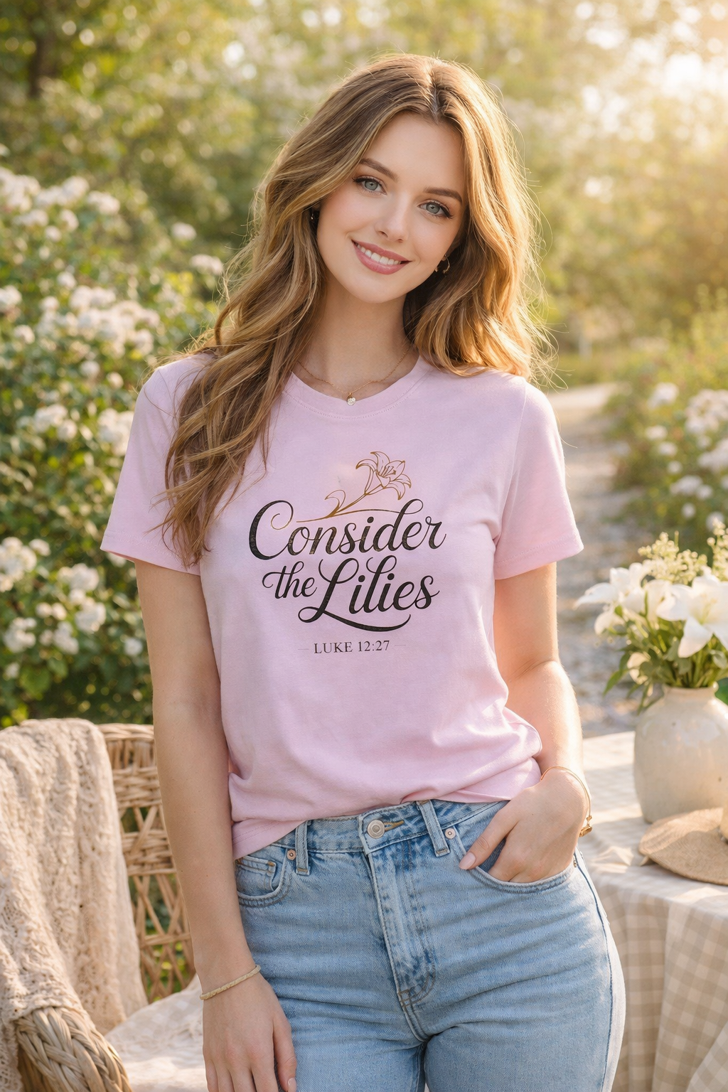 Consider the Lilies T-Shirt — Floral Christian Verse Tee (Luke 12:27)