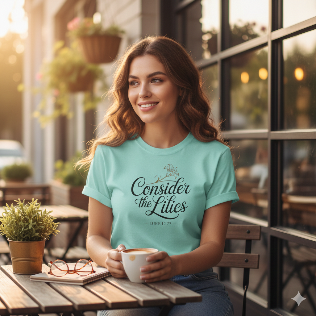 Consider the Lilies T-Shirt — Floral Christian Verse Tee (Luke 12:27)