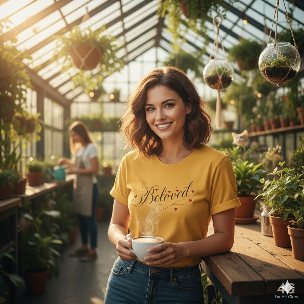 Woman in a yellow shirt holding a steaming cup in a greenhouse