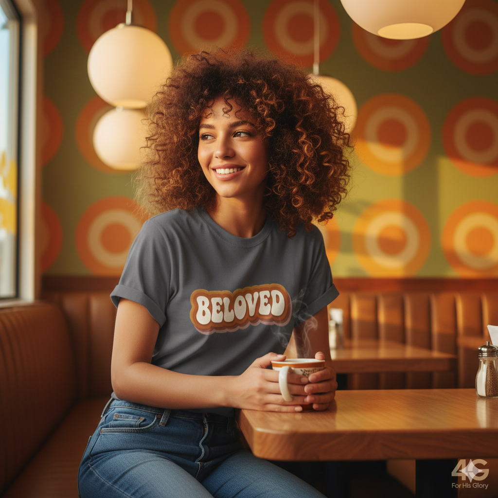Woman sitting at a table in a diner wearing a 'BELoved' shirt