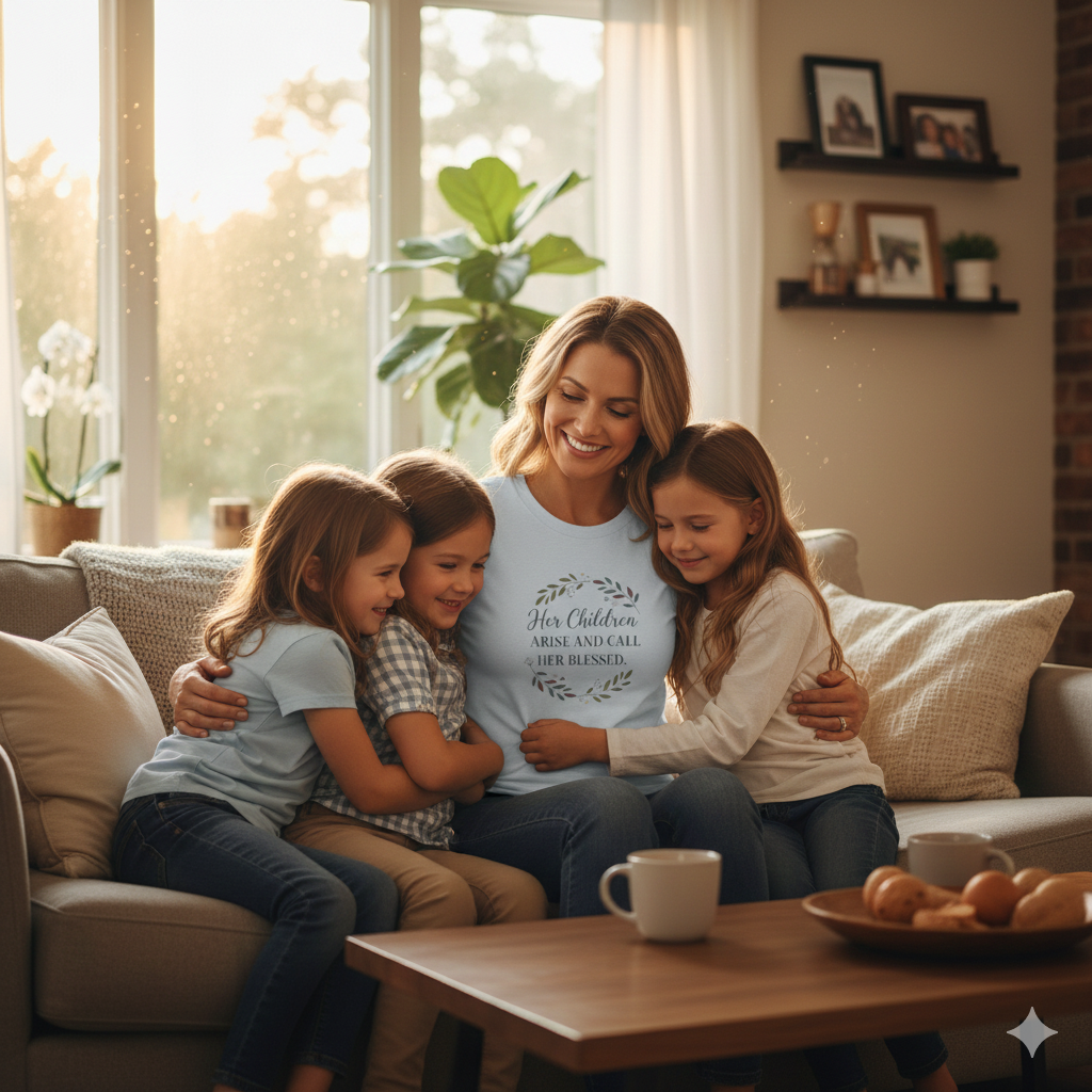 Woman sitting on a couch with three children, smiling, in a cozy living room.