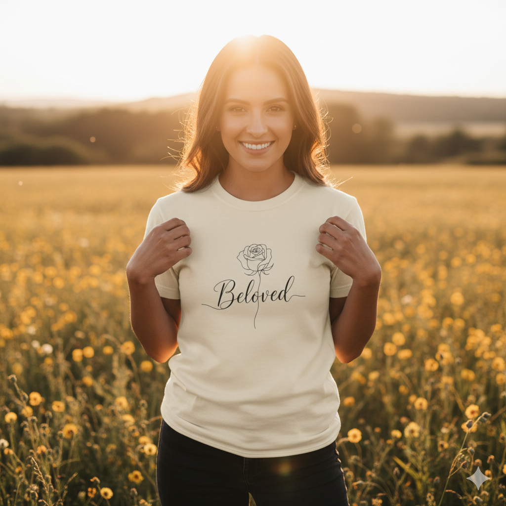 Woman wearing a 'Beloved' t-shirt in a field of yellow flowers