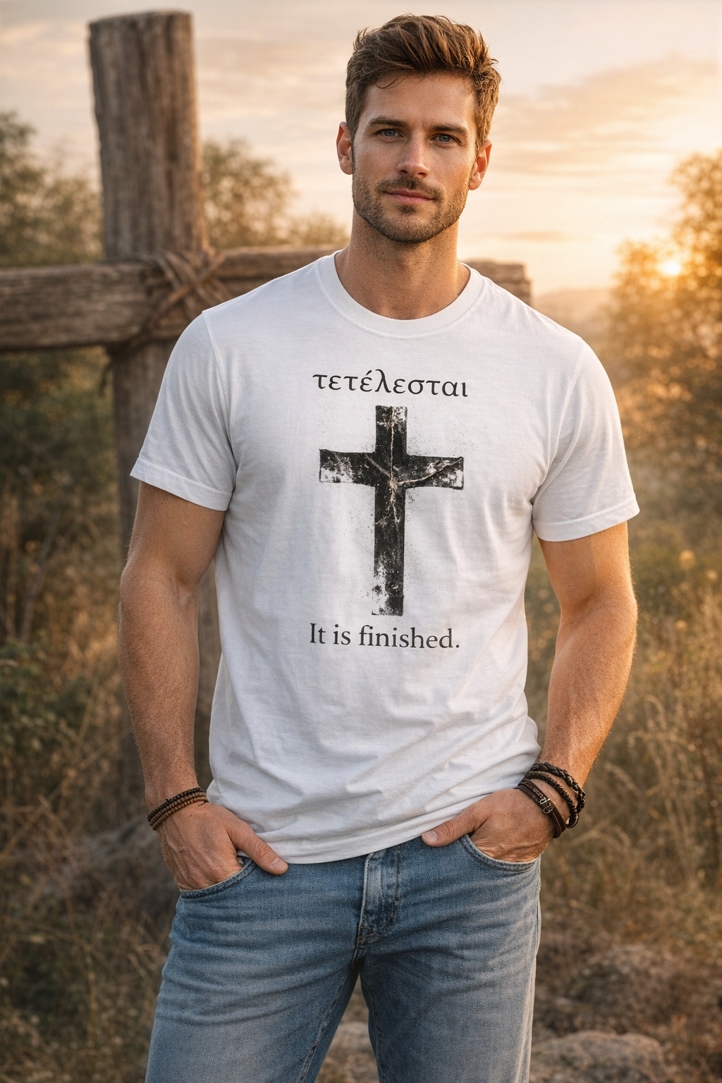 It Is Finished Christian T-Shirt - Tetelestai Greek Cross Garment Dyed Tee