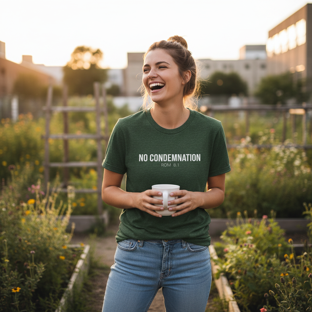 Woman wearing a 'NO CONDEMNATION' t-shirt in an outdoor setting