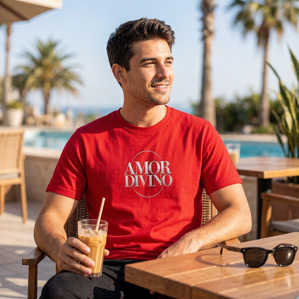 Man in a red 'AMOR DIVINO' t-shirt  outdoors with palm trees in the background