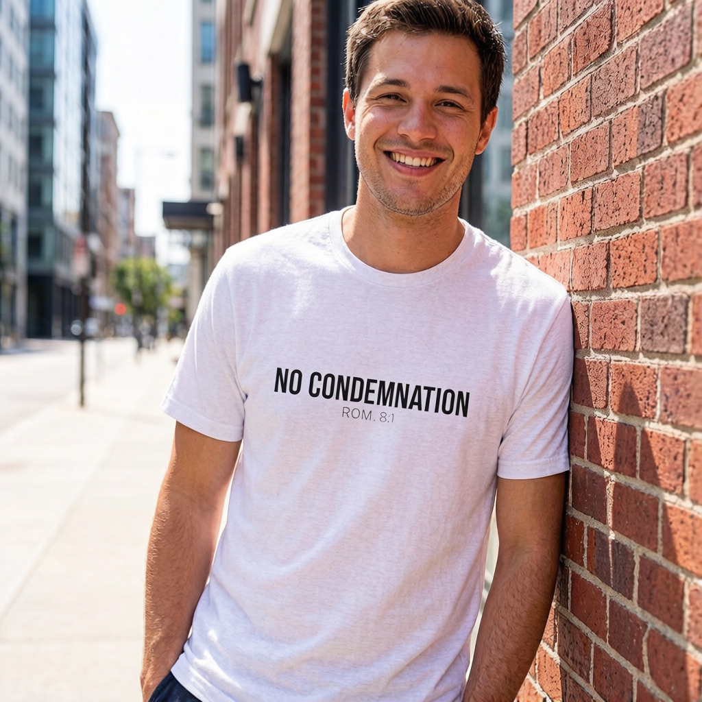 Man wearing a white t-shirt with 'NO CONDEMNATION' text, leaning against a brick wall in an urban setting.