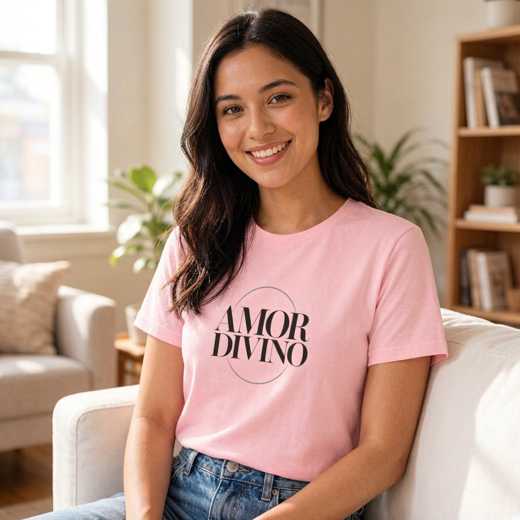 Woman wearing a pink t-shirt with 'AMOR DIVINO' text, sitting on a couch in a living room.