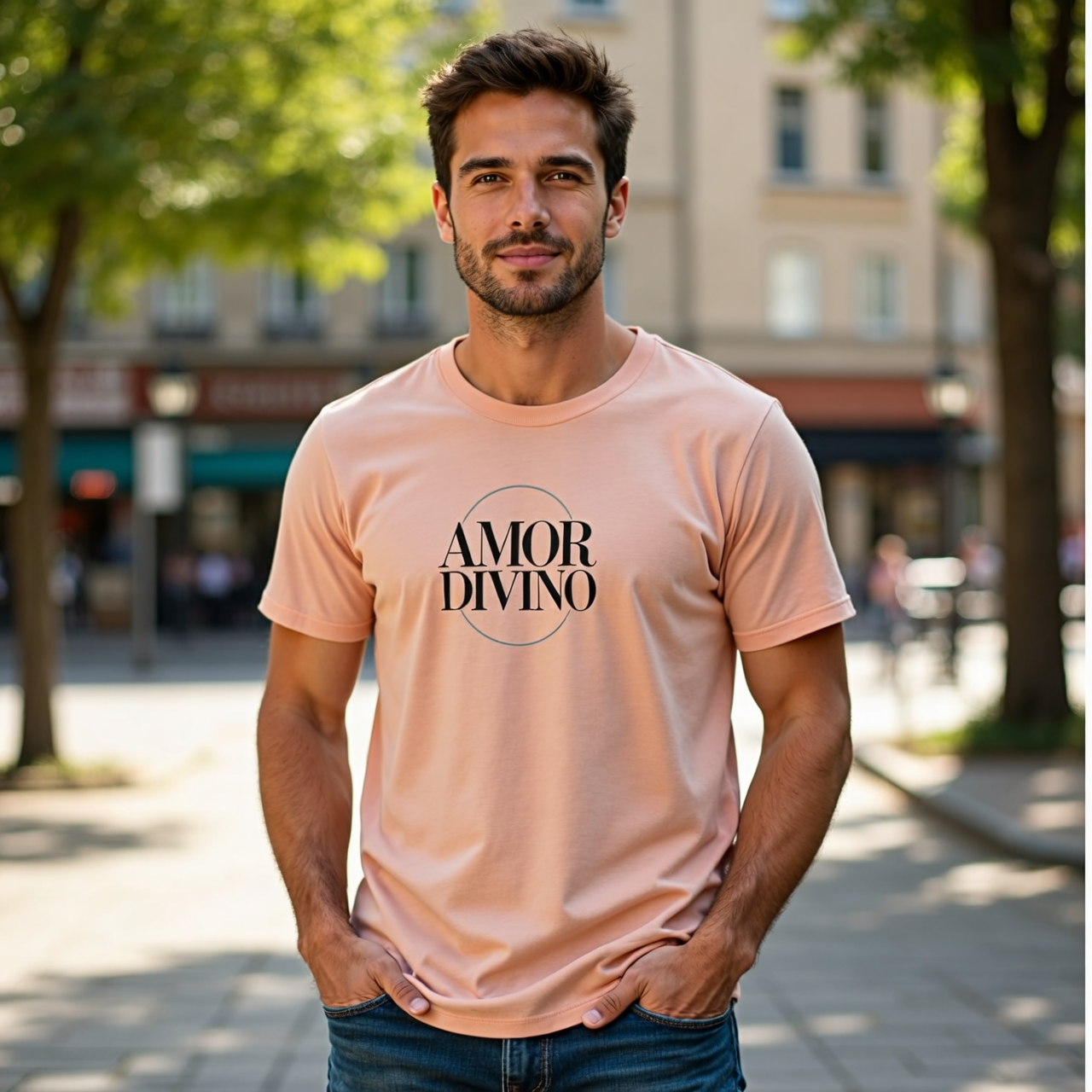 Man wearing a pink t-shirt with 'AMOR DIVINO' text on a city street.