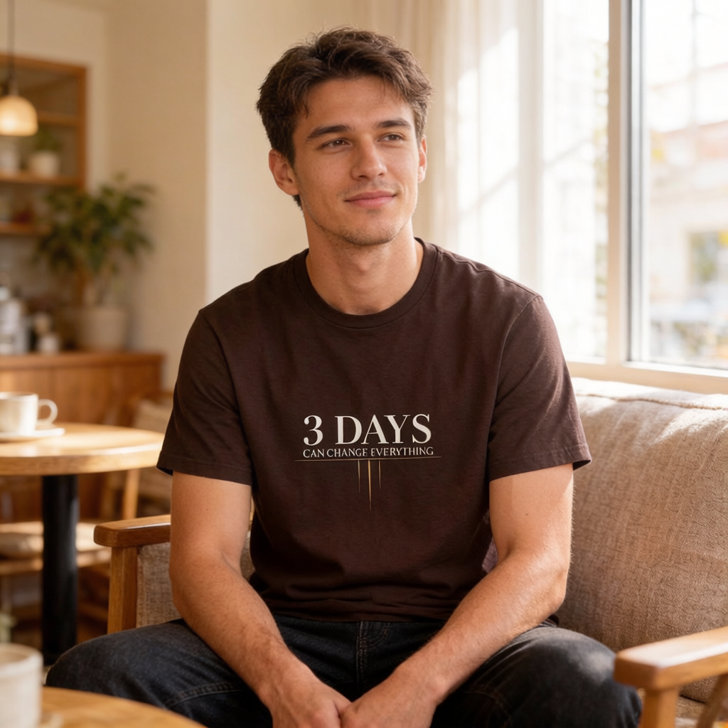 Man wearing a brown t-shirt with '3 Days Can Change Everything' text, sitting in a cozy room.