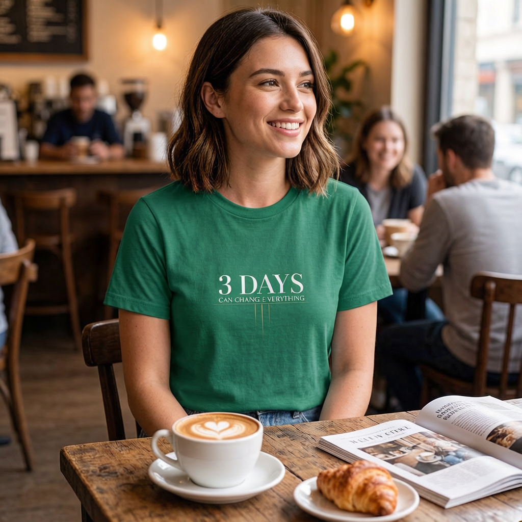 Woman in a green t-shirt with  3 DAYS CAN CHANGE EVERYTHING sitting at a cafe table with a cup of coffee and pastry.
