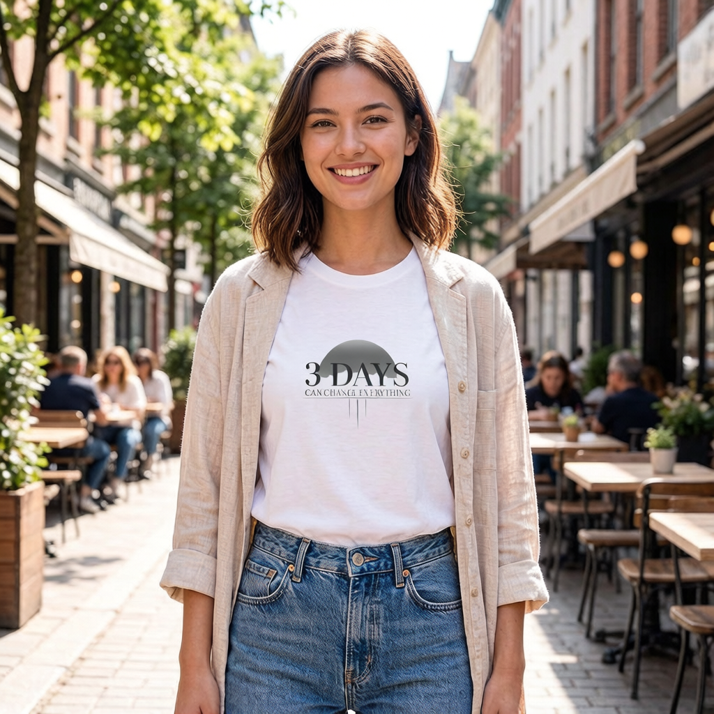 Woman wearing a white t-shirt with '3 DAYS' design in an outdoor setting