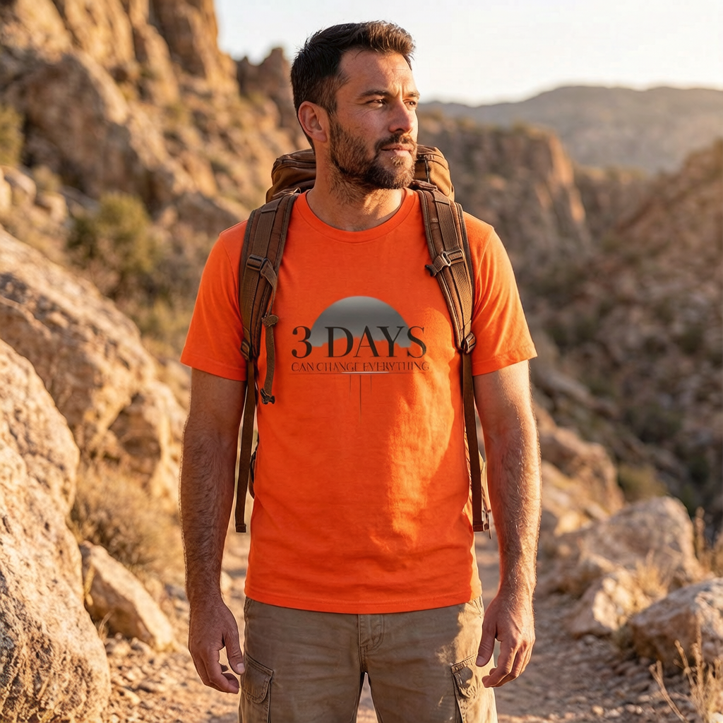 Man wearing an orange t-shirt with '3 Days Can Change Everything' text, hiking in a desert landscape.