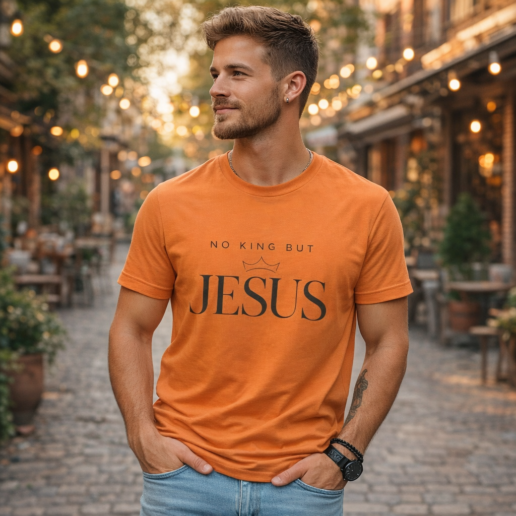 Man wearing an orange t-shirt with 'No King But Jesus' text in a casual outdoor setting.