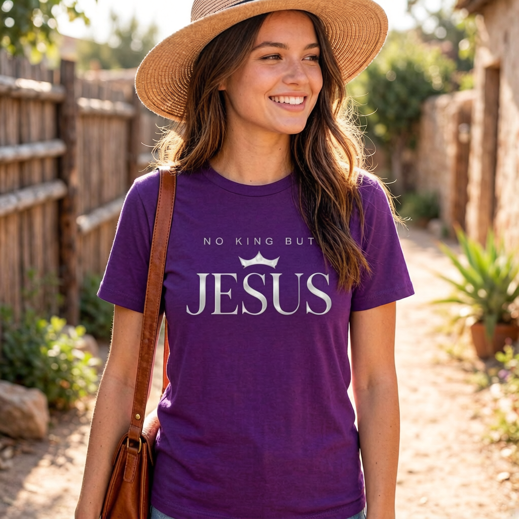 Woman wearing a purple t-shirt with 'No King But Jesus' text, standing outdoors.
