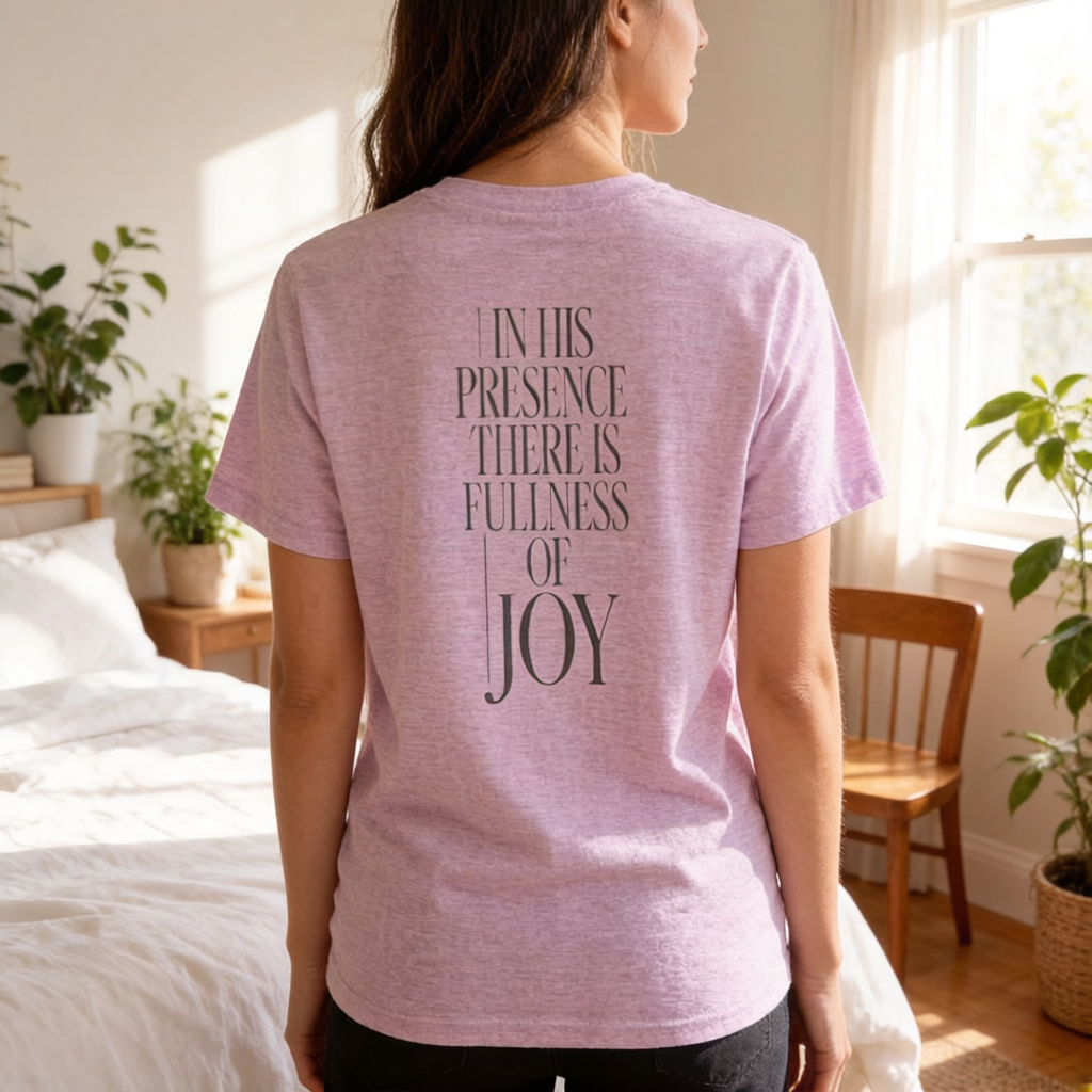 Person wearing a pink t-shirt with a motivational quote in a bedroom setting