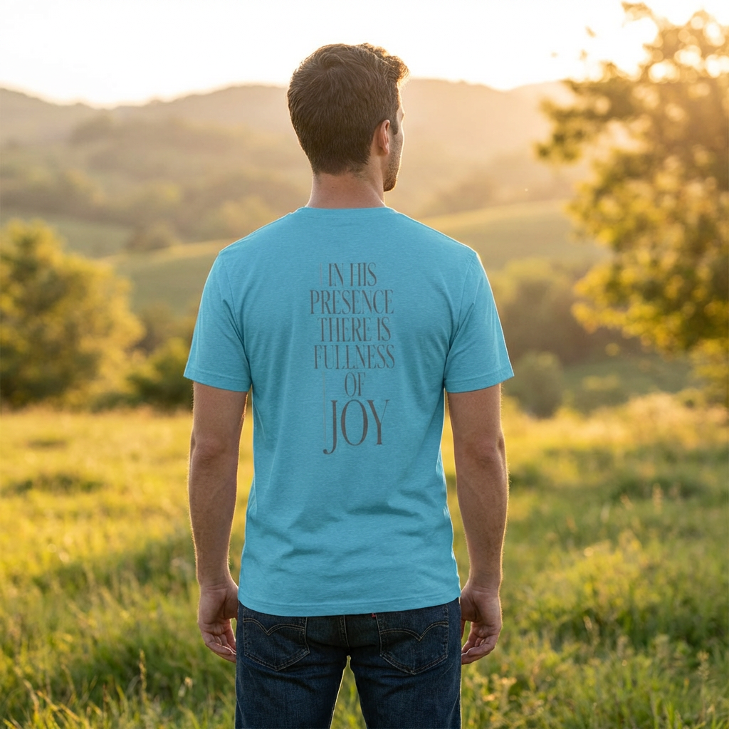 Man wearing a blue t-shirt with a motivational quote in a scenic outdoor setting