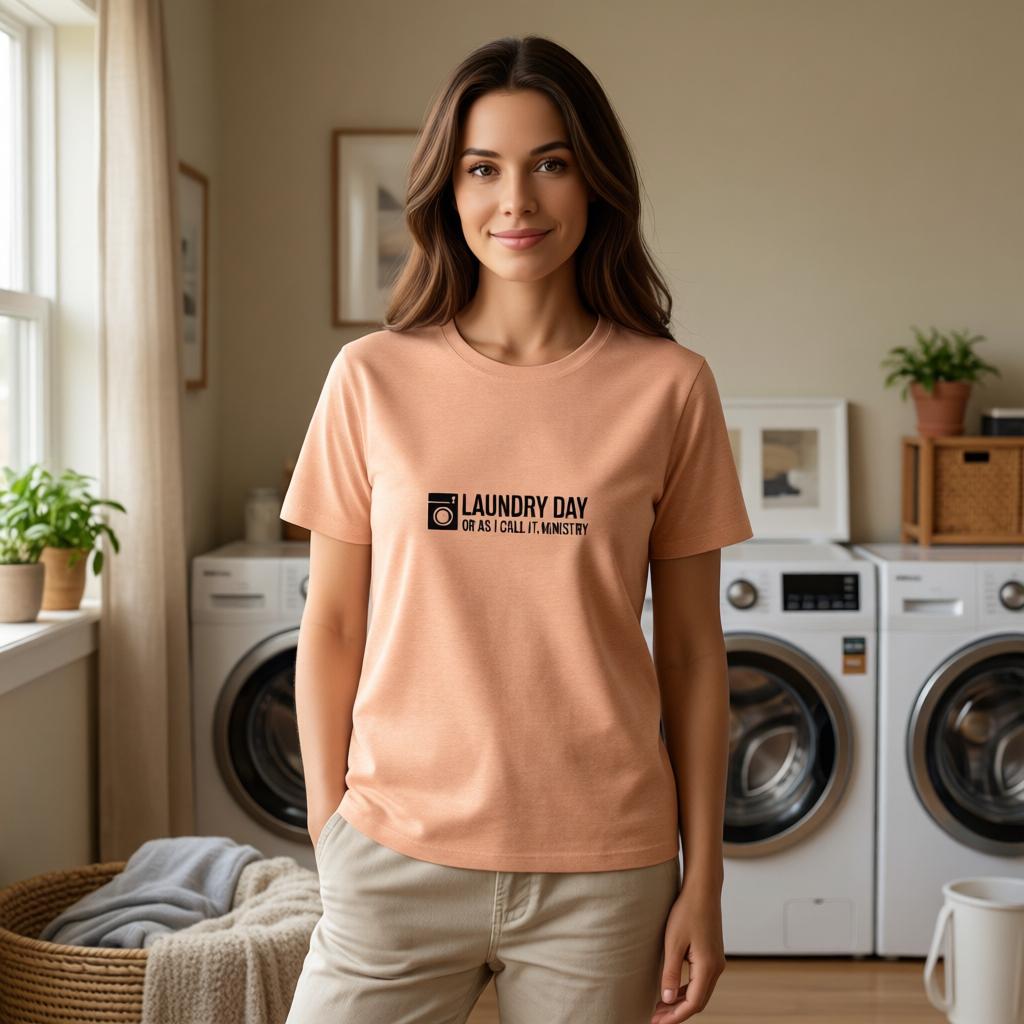 Woman wearing a peach t-shirt with 'Laundry Day' text in a laundry room.